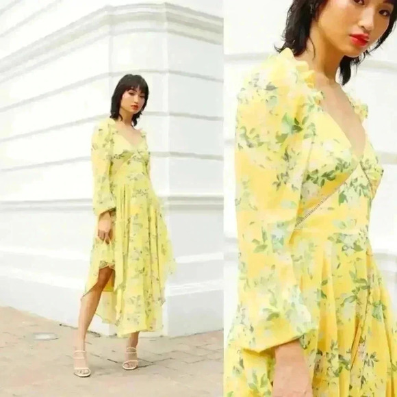 Sau Lee - Georgia Dress - Size 2 Long Sleeve MIDI Yellow - Picture 1 of 14